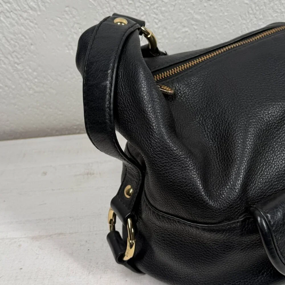Michael Kors Black Leather Hobo Shoulder Bag Gold MK Logo Zip Top Medium